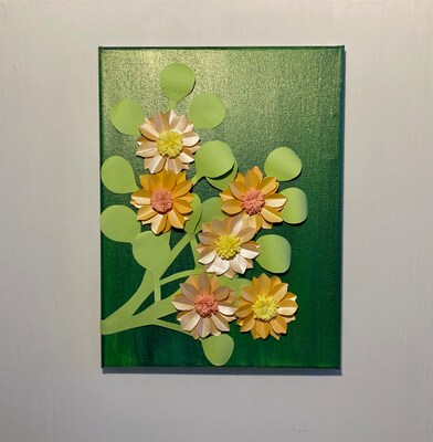 Hand Cut Orange Paper Flowers on 9x12 Inch Canvas Painted with Green Acrylic Original 3D Art Wall Hanging - image6